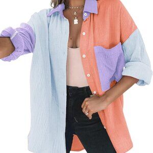 Womens Color Block Button Down Shirts Long Sleeve Oversized Boyfriend Blouses To